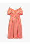 Viscose Blended Short Balloon Sleeve Off-Shoulder Gingham Long Dress - 4