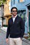 Men's Chief Collar Lined Knitwear Navy Blue Coat Zippered Patterned Steel Knit - 3