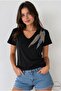 Women's Black V-Neck Leaf Patterned Sequin Embroidered 100% P Cotton T-Shirt