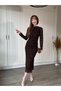 Floral Embroidered Draped Elegant Midi Brown Dress - 8