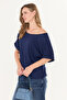 Navy Blue Natural Viscose Women's Boat Neck Off-Shoulder Loose Double Sleeve Soft Textured Basic Blouse - 4
