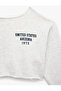 Ruffled Comfortable Fit Boat Neck Long Sleeve Printed Crop Sweatshirt - 8