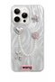 iPhone 15 Pro Max Stone Case with Pearl Necklace Detail, Marble Effect, 3D Heart and Motif Charm Cover
