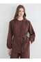 Lcw Modest Brown Women's Shirt Tunic with a Defined Collar and Belted Waist