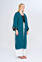 100% LINEN PETROL COLOR LONG CHIMONO JACKET WITH SLEEVES PAYET EMBROIDERED - 4
