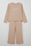 Girl's Pants Set with Letter & Heart Embroidery and Bow Accessory, 4-8 Years, Beige - 2