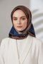 100% Twill Silk Textured Geometric Patterned Brown - Navy Blue Colored 90X90 Scarf Design Shape: Hand D - 4