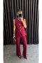 Women's Button Detailed Vest and Trousers Set Burgundy - 3