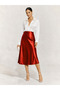 Red Satin High Waist Midi Daily Skirt