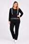 Women's Plus Size Black, Stone Detailed Printed, Half Placket Zipper Closure Pocket Sweatpants Set 65N39392 - 6