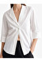 Poplin Fabric Buttoned Turn-Down Collar 3/4 Sleeve Oversize Shirt - 4