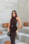 Women's Brown Flock Print Halter Neck Dress with Glitter Detail in Maxi Length - 2