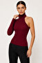One Shoulder Long Sleeve Burgundy Ribbed Knit Blouse - 2