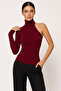 One Shoulder Long Sleeve Burgundy Ribbed Knit Blouse - 8