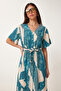 Patterned Belted Viscose Shirt Dress Lrn0046 Petrol Blue Bone - 3