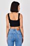 Women Square Neck Sleeveless Plain Crop Top, Black - 2
