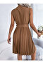 Beige Sleeveless Pleated Mini Dress - 5