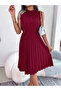 Burgundy Ruffle Neck Pleated Knee Length Dress - 2