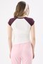 Crep Women's Cherry Bloom Printed Raglan Sleeve Asymmetrical Cut Crop T-Shirt Cotton Ribbed Ecru Plum - 6