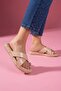 Spello Beige Wrinkled Patent Leather Flip-Flop Slippers with Cross Straps and Drop Accessories - 3