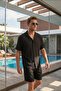 Men's Aerobin Fabric Summer Black Short Sleeve Shirt & Shorts Bottom Top 2-Piece Set Ls-7122