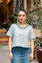 Women's Green Striped Short Sleeve Shirt with Back Slit Detail - 4