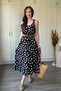 Polka Dot Midi Black Dress with Straw Belt Detail