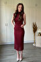 Lace High Collar Padded Midi Burgundy Dress - 6