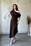 Asymmetrical Midi Brown Dress with Draped Shoulders and Waistline - 2