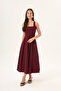 Burgundy Strappy Square Neck A-Line Panel Detailed Cotton Midi Dress - 2