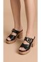 Buckle Detail Women's High Straw Look Shoes with Front Stripes Wedge Heel Slipper Sandals - 3