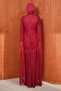 Burgundy Front Gathered Stoned Lace Evening Dress - 5