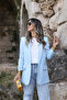Baby Blue Sleeveless Blazer with Ruffle Detail - 4