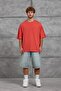 Men's T-Shirt Shoulder Detail Washed Red Oversize Crew Neck Cotton - 4