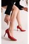 Red Leather Stiletto 8.5 cm V Model Gold Detailed Women's Special Heel New Season Evening Dress Office Daily Premium Product - 4