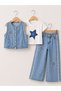 Girl's Star Detailed Vest and Jeans Holiday Set Blue 3-Piece Set - 2