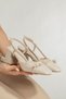 Beige Patent Leather Suede Detailed Women's Shoes with Open Back Strap, Square Toe, Thick Heeled Shoes - 4