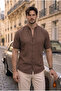 Hakim Collar Muslin Fabric Short Sleeve Shirt - Brown - 7