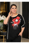 Plus Size Crew Neck Rose Motif Printed Stoned Women's Blouse