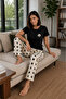 Round Neck Long Comfortable Cotton Pajama Set 41558 Black - 3