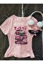 Car-Detailed Pink Cotton Short-Sleeved Belt-Length Crop Top