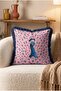 Pink Feather Detailed Peacock Patterned Fringed Throw Pillow Cover - Navy Blue Tasseled Bohemian Cover - 4