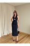 Navy Blue Brooched Denim Dress - 8217 - 5