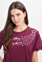 Women's regular fit classic cut 100% cotton ruffle detailed short sleeve printed plum pajama set - 3