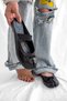Novera Black Cracked Patent Leather Banded Toe Detail Women's Slippers - 5