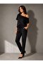 Women's Black Two-Thread Fabric Shoulder Strap Detailed Blouse with Elastic Waist and Bottom Tracksuit Two-Piece Set - 2
