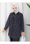 Women's Hijab Denim Suit with Front Button Pocket Detail, Jacket, Tunic and Long Pants Set
