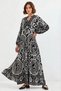 Women's V-Neck Gathered Waist Authentic Patterned Viscose Black Hijab Dress - 2