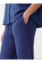 Blue Elastic Waist Linen Blend Women's Trousers - 4