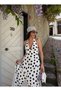 Women's Black and White Polka Dot Halter Neck Backless Slit Long Dress - 6